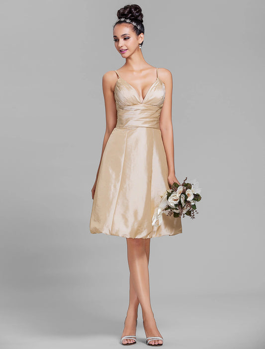 A-Line Spaghetti Strap Knee Length Taffeta Bridesmaid Dress with Side Draping / Ruched