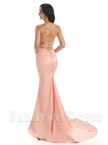 Mermaid Spaghetti Backless Straps Satin Long formal dresses evening gown Bridesmaid Dresses