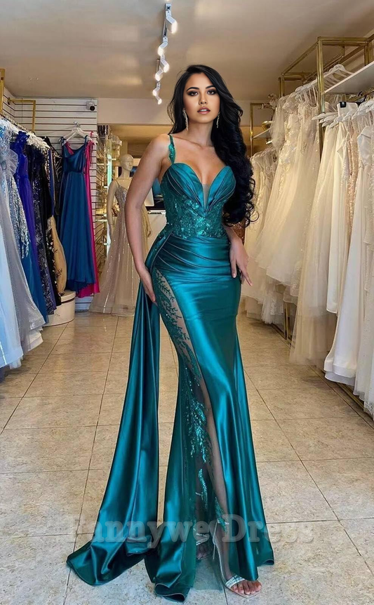 Mermaid Sparkly Sweetheart Satin formal dresses Bridesmaid Dresses evening gown Prom Dress with Slit Pleated