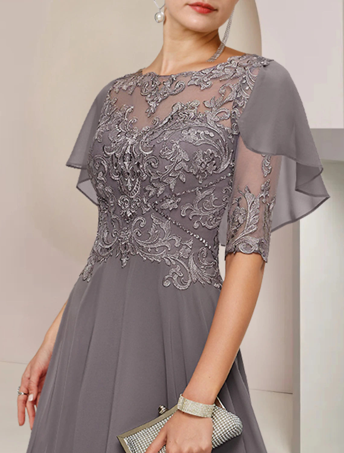 A-Line Mother of the Bride Dress Formal Wedding Guest Elegant Scoop Neck Asymmetrical Tea Length Chiffon Lace Half Sleeve with Beading Appliques