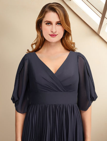 A-Line Plus Size Curve Mother of the Bride Dresses Elegant Dress Formal Tea Length Short Sleeve V Neck Chiffon with Pleats