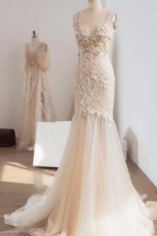 V neck lace applique long wedding dress