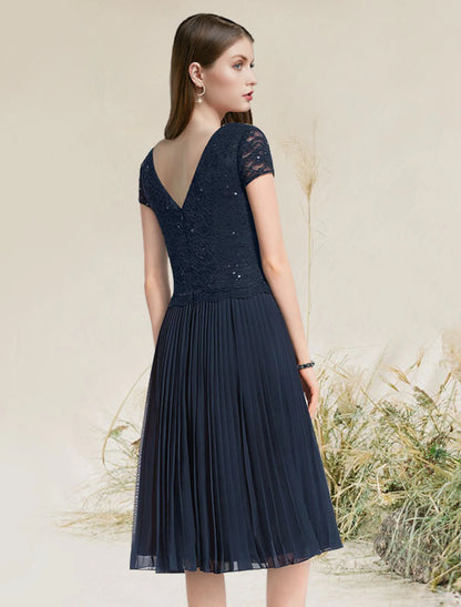 A-Line Cocktail Dresses Flirty Dress Homecoming Tea Length Short Sleeve Jewel Neck Chiffon with Pleats