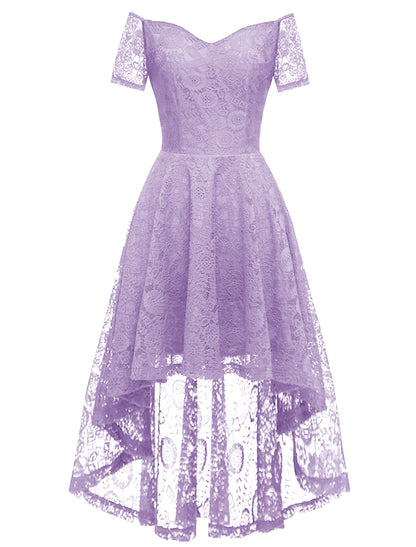 A-Line Cocktail Dresses Vintage Dress Party Wear Knee Length Short Sleeve Off Shoulder Lace with Pleats