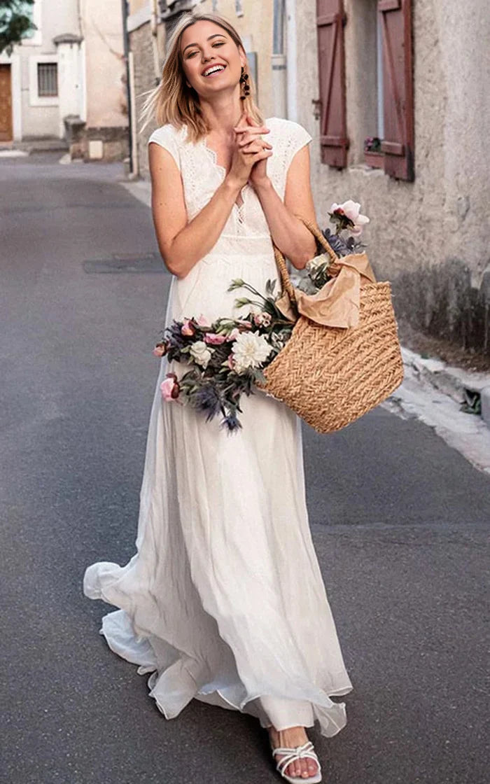 A Line Chiffon Low-V Back Lace V-neck Short Sleeve Wedding Dress