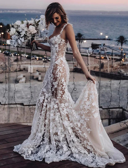 Beach Sexy Boho Wedding Dresses Mermaid / Trumpet Sweetheart Regular Straps Court Train Lace Bridal Gowns With Appliques