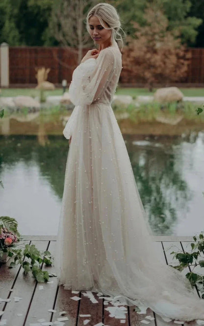 A-Line Simple Modest Long Sleeve Tulle Elopement Illusion Wedding Dresses