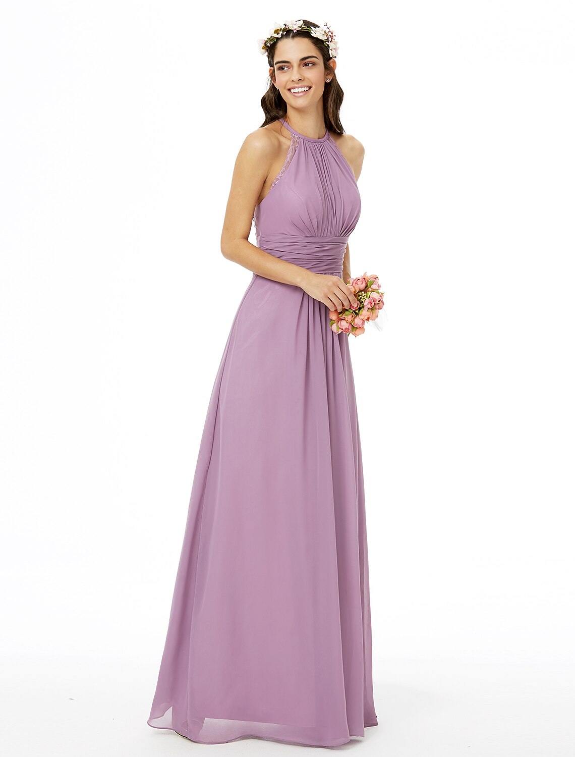 Sheath / Column Bridesmaid Dress Jewel Neck Sleeveless Beautiful Back Floor Length Chiffon with Lace / Sash / Ribbon / Pleats