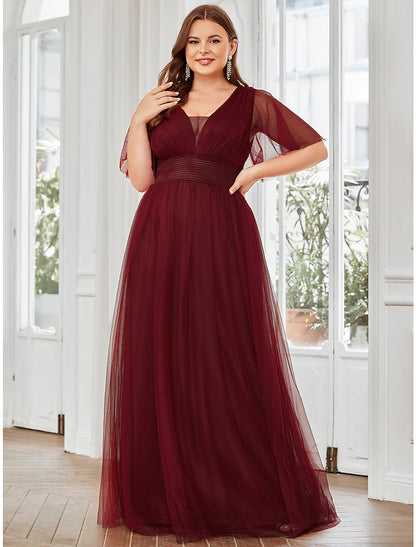 A-Line Bridesmaid Dress V Neck Short Sleeve Plus Size Floor Length Tulle with Ruffles / Draping