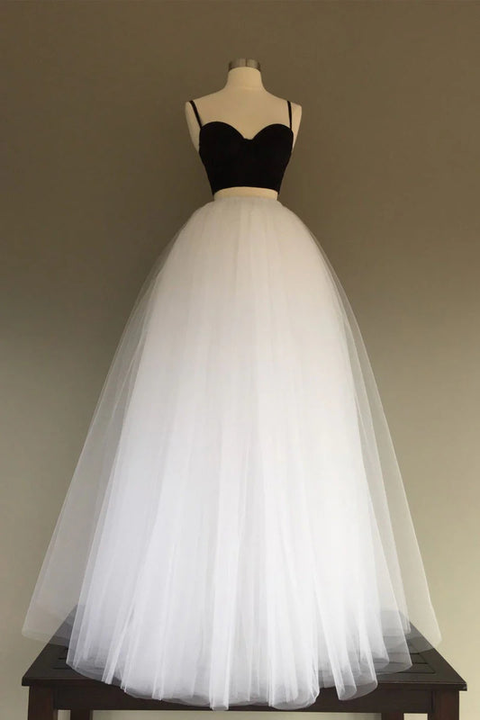 Simple tulle two pieces long prom dress