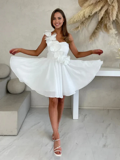 Simple Short One Shoulder 3D Flowers White Chiffon Prom Dresses Floral Evening Homecoming Dresses