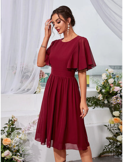 A-Line Wedding Guest Dresses Elegant Dress Holiday Knee Length Short Sleeve Jewel Neck Chiffon with Pleats Ruffles