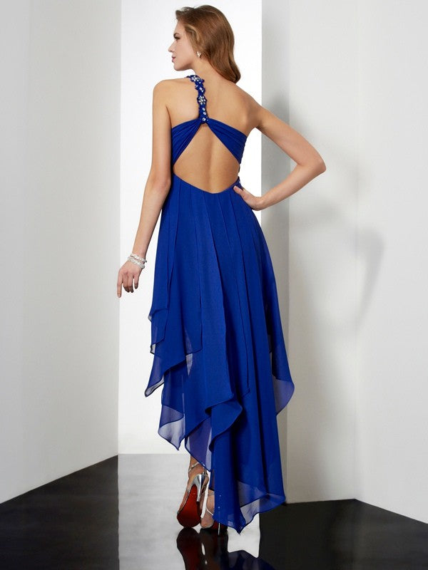 A-Line/Princess One-Shoulder Sleeveless Beading High Low Chiffon Dresses