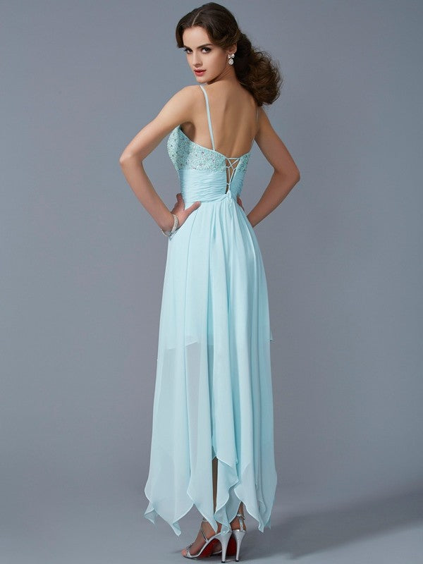 A-Line/Princess Spaghetti Straps Sleeveless Beading High Low Chiffon Homecoming Dresses