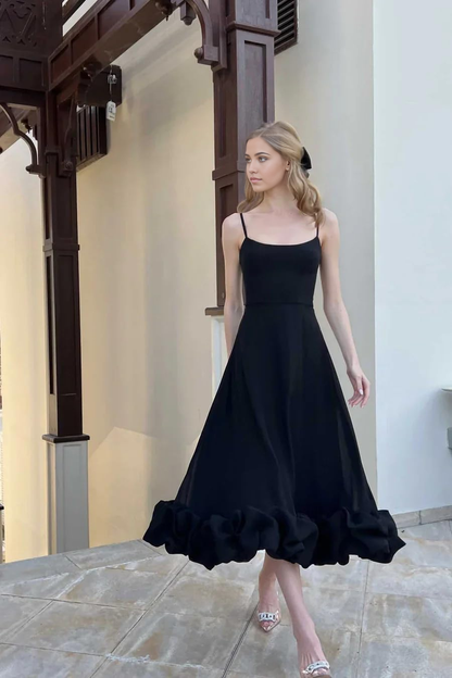 A-line Spaghetti Straps Ruffle Tea Length Satin formal dresses Bridesmaid Dresses evening gown Prom Dress