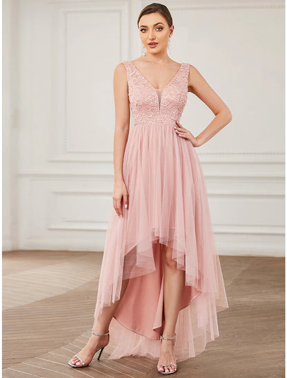 A-Line Bridesmaid Dress V Neck Sleeveless Elegant Short / Mini Lace / Tulle with Draping  / Ruching