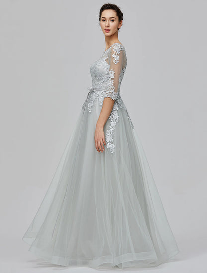 A-Line Empire Dress Wedding Guest Floor Length Half Sleeve Illusion Neck Tulle with Bow(s) Appliques