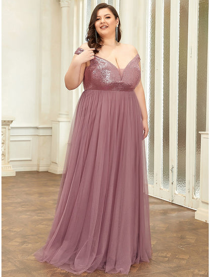 Bridesmaid Dress V Neck Sleeveless Elegant Floor Length Tulle / Sequined with Draping / Tier / Solid Color