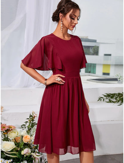 A-Line Wedding Guest Dresses Elegant Dress Holiday Knee Length Short Sleeve Jewel Neck Chiffon with Pleats Ruffles