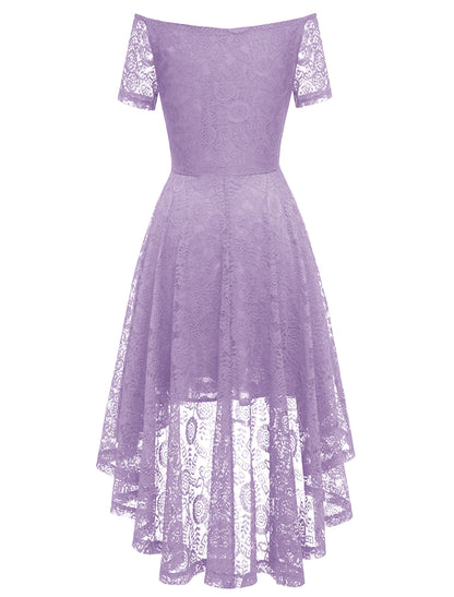 A-Line Cocktail Dresses Vintage Dress Party Wear Knee Length Short Sleeve Off Shoulder Lace with Pleats