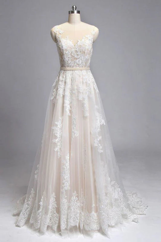 Round neck tulle lace long wedding dress