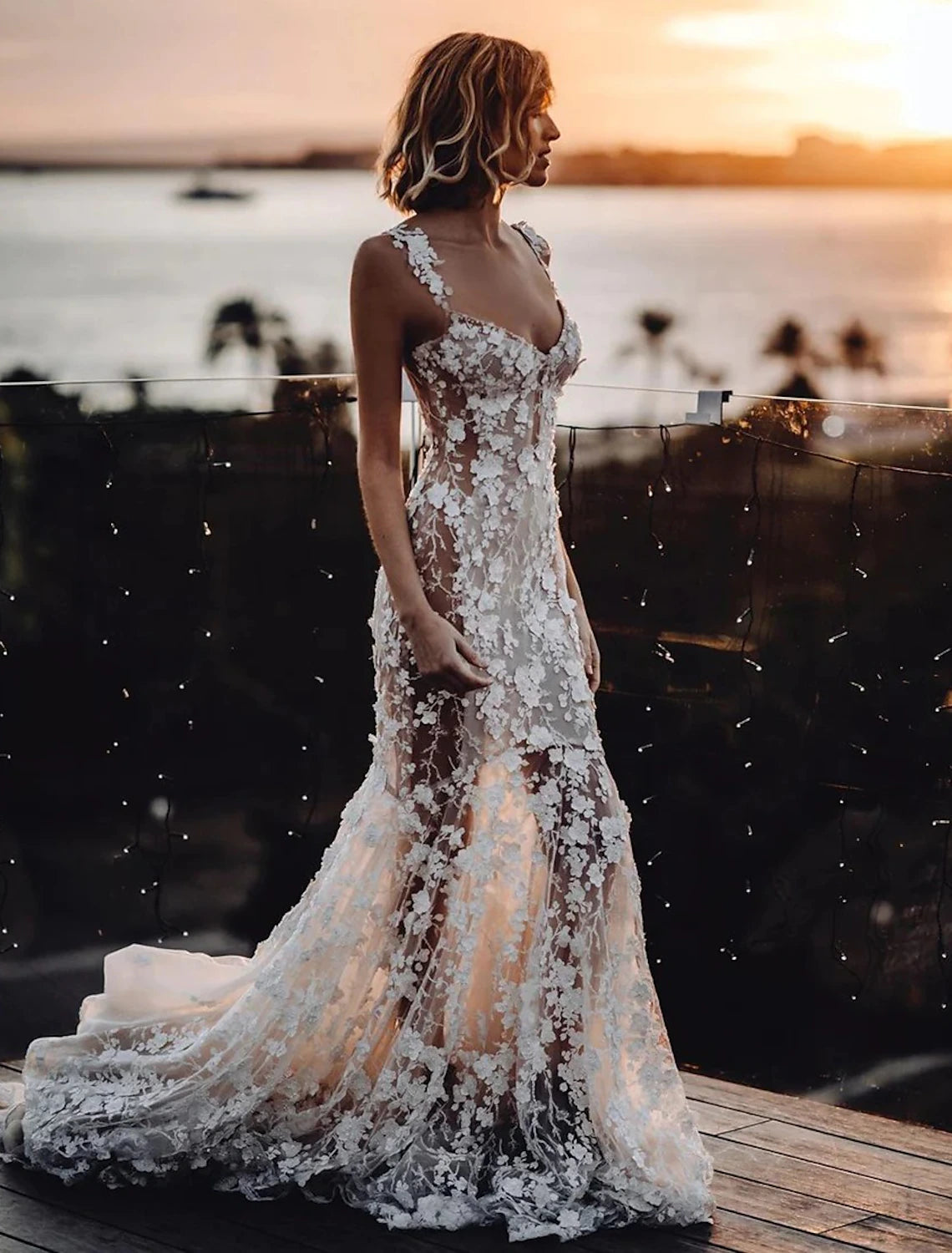 Beach Sexy Boho Wedding Dresses Mermaid / Trumpet Sweetheart Regular Straps Court Train Lace Bridal Gowns With Appliques