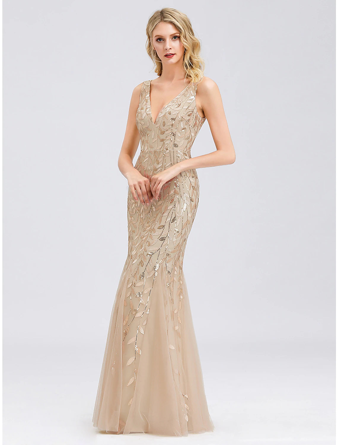 Mermaid / Trumpet Sparkle Sexy Prom Formal Evening Dress V Neck V Back Sleeveless Floor Length Tulle with Sequin Appliques