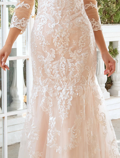 Engagement Formal Wedding Dresses Mermaid / Trumpet Sweetheart Long Sleeve Sweep / Brush Train Lace Bridal Gowns With Appliques