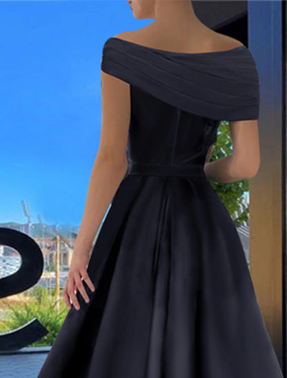 A-Line Prom Dresses Little Black Dress Dress Formal Floor Length Short Sleeve Off Shoulder Satin with Ruched Slit