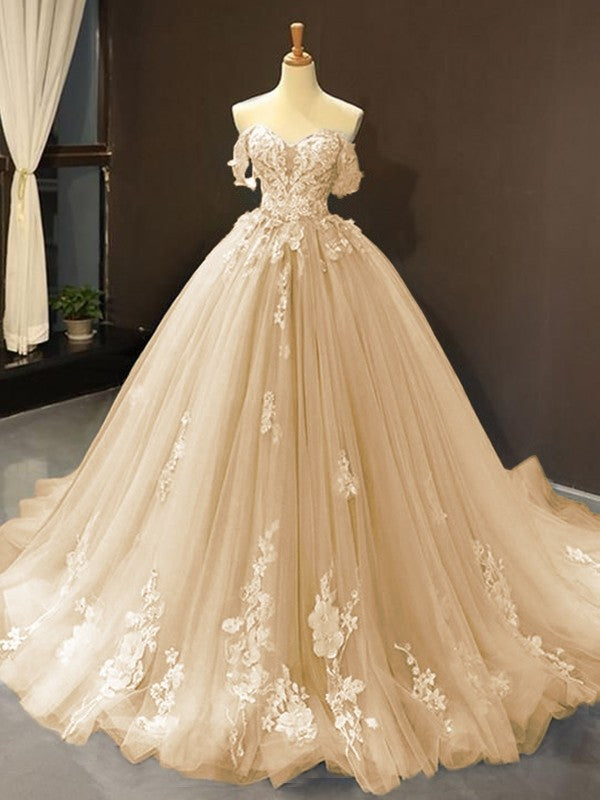 Ball Gown Tulle Off-the-Shoulder Sleeveless Applique Sweep/Brush Train ...