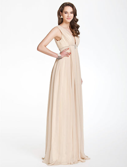 A-Line Bridesmaid Dress V Neck Sleeveless Beautiful Back Floor Length Chiffon with Pleats / Beading / Draping