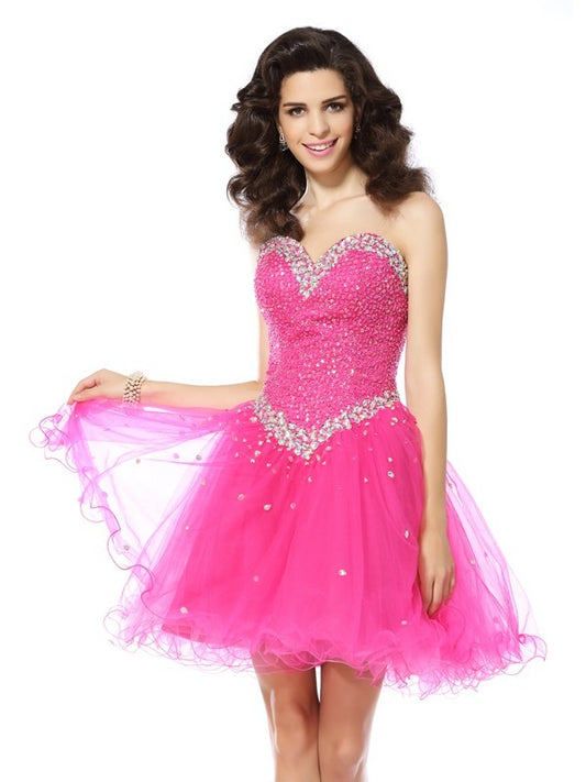 A-Line/Princess Sweetheart Beading Sleeveless Short Tulle Cocktail Dresses