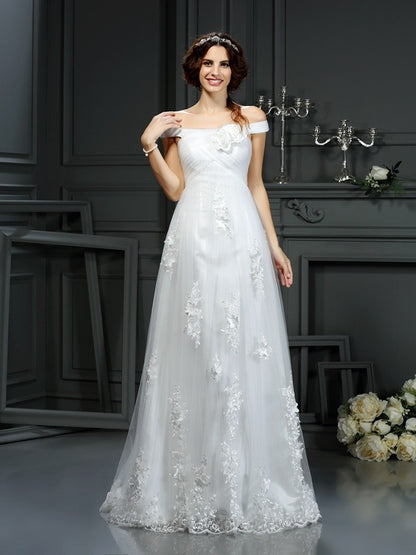 A-Line/Princess Off-the-Shoulder Applique Sleeveless Long Net Wedding Dresses