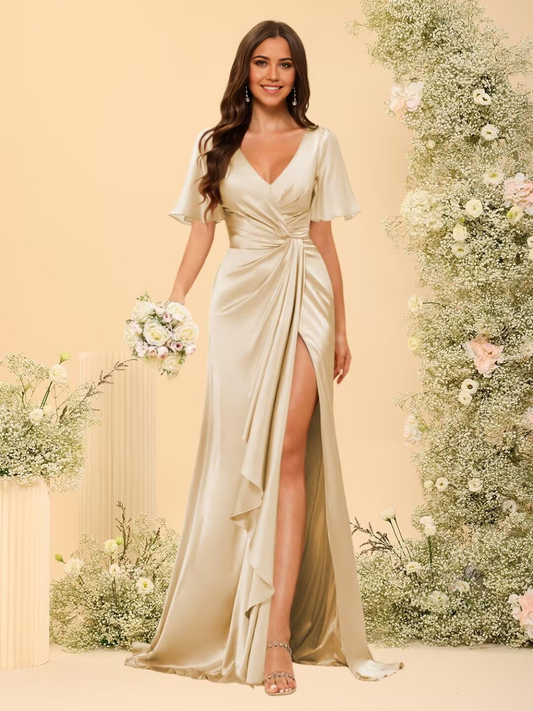 A-line V Neck Sleeves Long Ruched Satin formal dresses evening gown Prom Dress with Slit