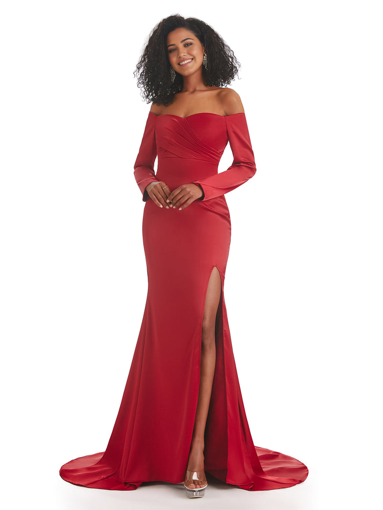 Mermaid Long Sleeve Satin formal dresses evening gown Bridesmaid Dresses With Side Slit