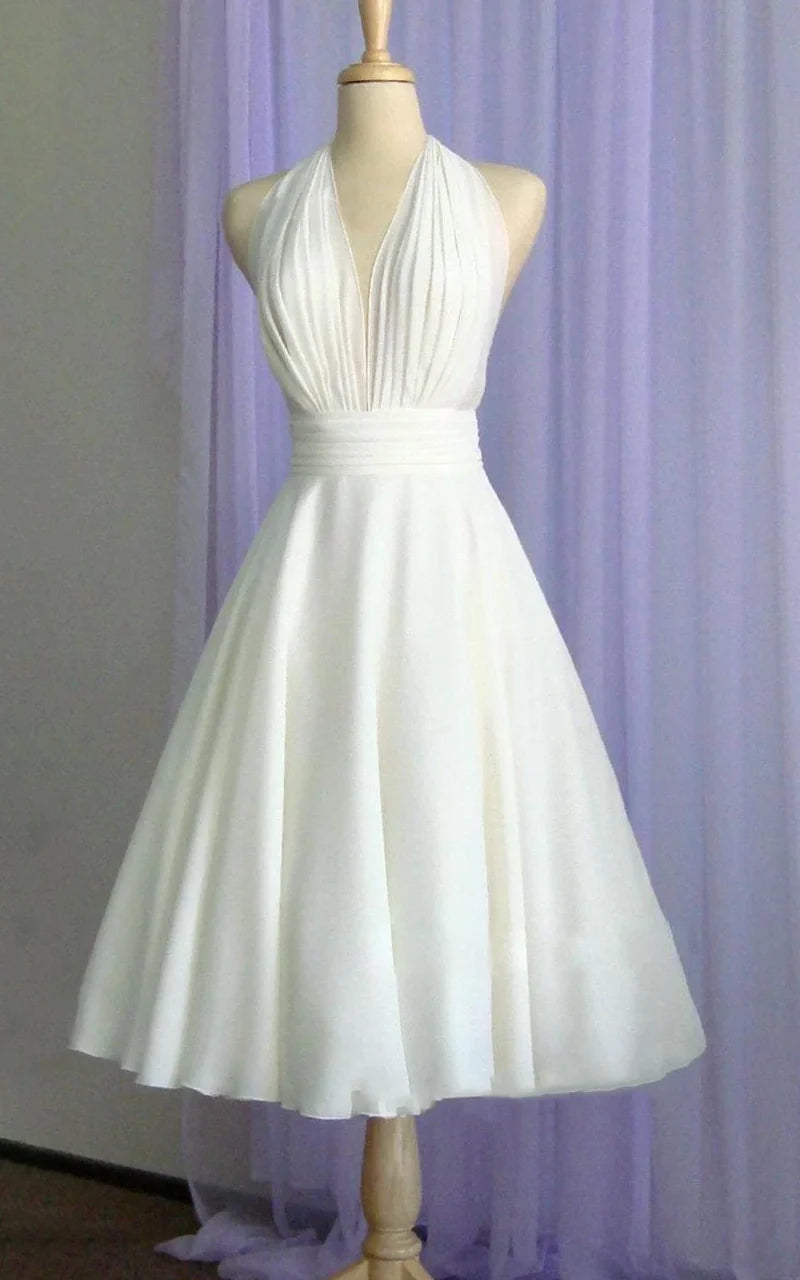 Neck Tea Length Chiffon Wedding Dress