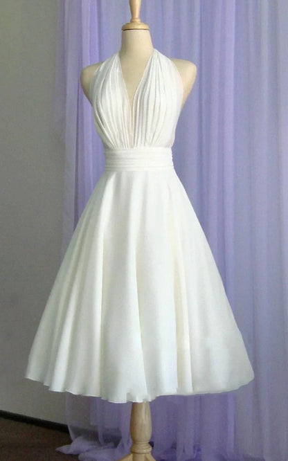 Neck Tea Length Chiffon Wedding Dress