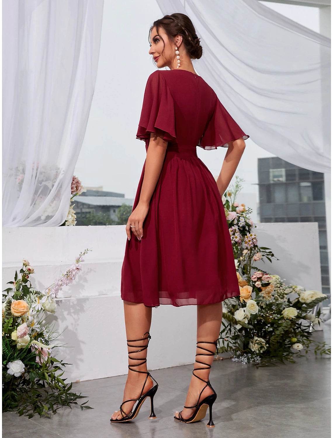 A-Line Wedding Guest Dresses Elegant Dress Holiday Knee Length Short Sleeve Jewel Neck Chiffon with Pleats Ruffles