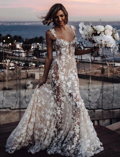 Beach Sexy Boho Wedding Dresses Mermaid / Trumpet Sweetheart Regular Straps Court Train Lace Bridal Gowns With Appliques