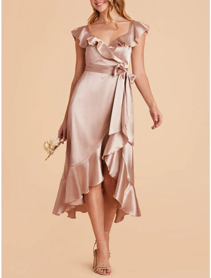 A-Line Bridesmaid Dress V Neck Short Sleeve Pink Asymmetrical Stretch Satin with Sash / Ribbon / Ruffles / Split Front