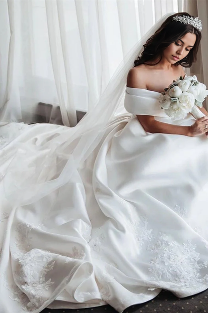 A-line Sweetheart Off The Shoulder Satin White Ball Gown Bride Dresses Wedding Dresses