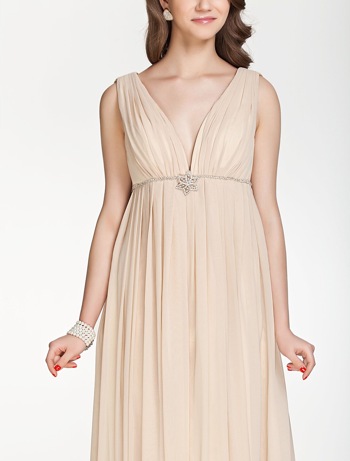 A-Line Bridesmaid Dress V Neck Sleeveless Beautiful Back Floor Length Chiffon with Pleats / Beading / Draping