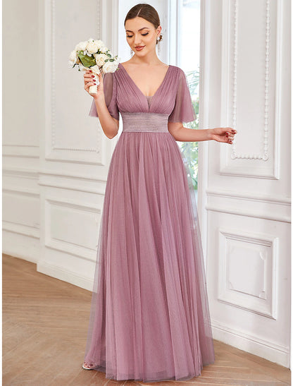 A-Line Bridesmaid Dress V Neck Short Sleeve Plus Size Floor Length Tulle with Ruffles / Draping