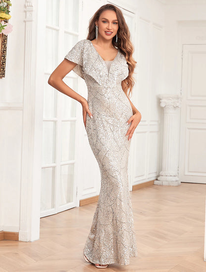 Mermaid / Trumpet Evening Gown Elegant Dress Evening Party Floor Length Short Sleeve V Neck Fall Wedding Reception Sequined V Back with Sequin