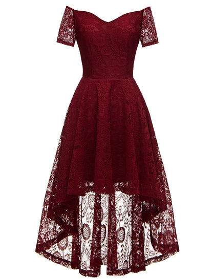 A-Line Cocktail Dresses Vintage Dress Party Wear Knee Length Short Sleeve Off Shoulder Lace with Pleats