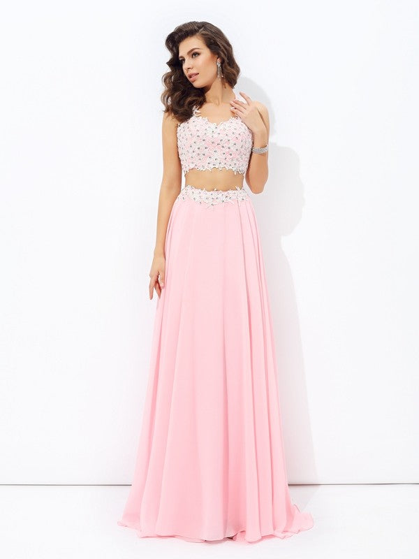 A-line/Princess Straps Applique Sleeveless Long Chiffon Two Piece Dresses