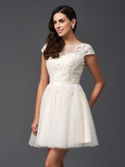 A-Line/Princess Scoop Applique Short Sleeves Short Net Dresses