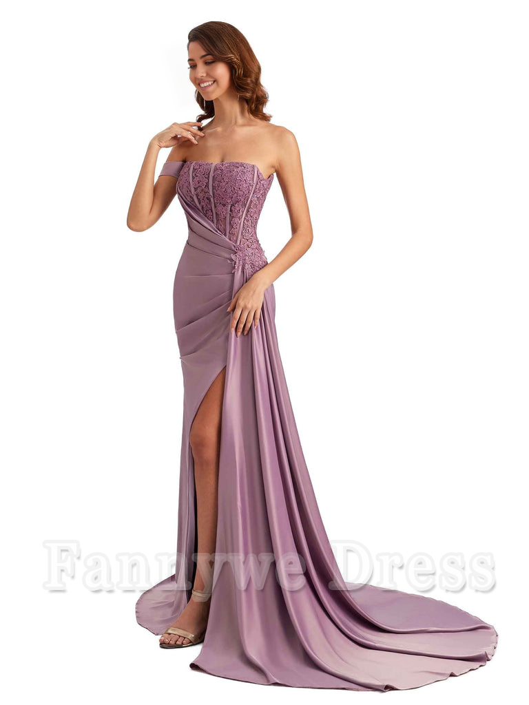 Mermaid Off Shoulder Applique formal dresses evening gown Bridesmaid Dresses With Side Slit