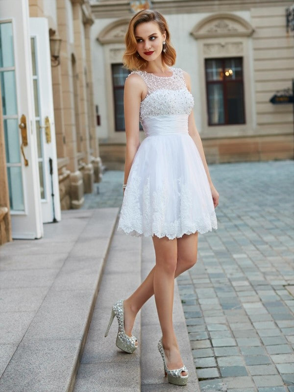 A-Line/Princess Jewel Sleeveless Pearls Short/Mini Tulle Dresses