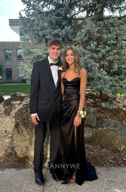 Mermaid Elegant Spaghetti Straps Black Long Satin Sexy Slit formal dresses Bridesmaid Dresses evening gown Prom Dress